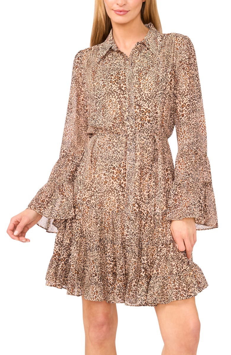 CeCe Leopard Tiered Long Sleeve Shirtdress, Alternate, color, Dune