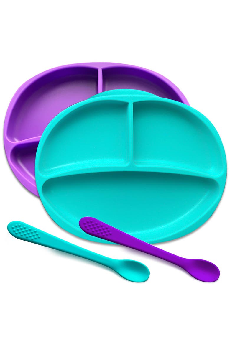 Silicone Suction Divided Plate and Spoon Toddler Training Self Feeding Set, 2-Pack, Main, color, Purple & Turquoise