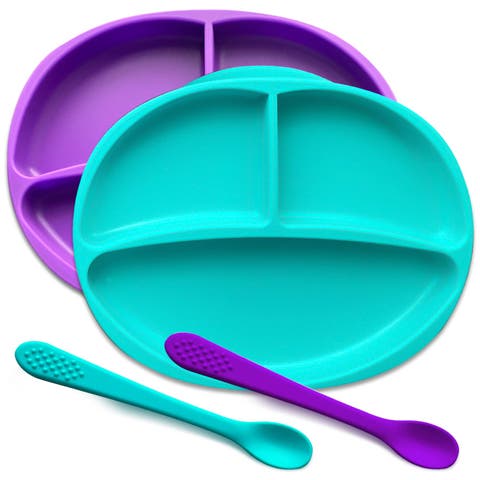 Silicone Suction Divided Plate and Spoon Toddler Training Self Feeding Set, 2-Pack