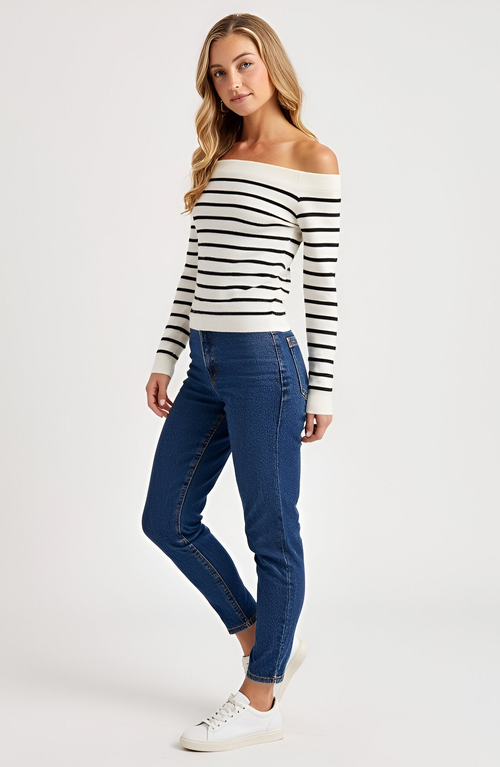 Modenaire Striped Off-the-shoulder Knit Long-sleeve Fitted Top In White