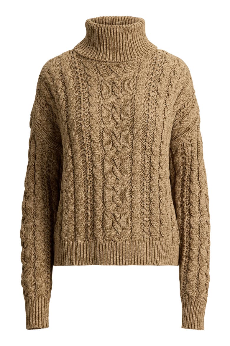 Cable Knit Cotton Turtleneck Sweater, Alternate, color, BROWN