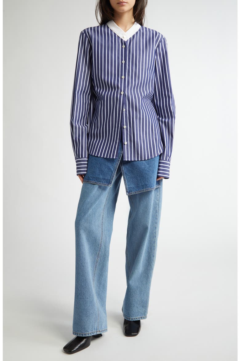 Non-Collar Stripe Cotton Button-Up Shirt, Alternate, color, NAVY