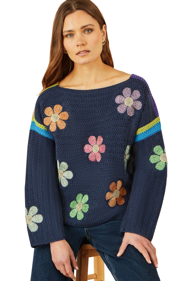 Crochet Flower Long Sleeve Jumper, Alternate, color, Navy
