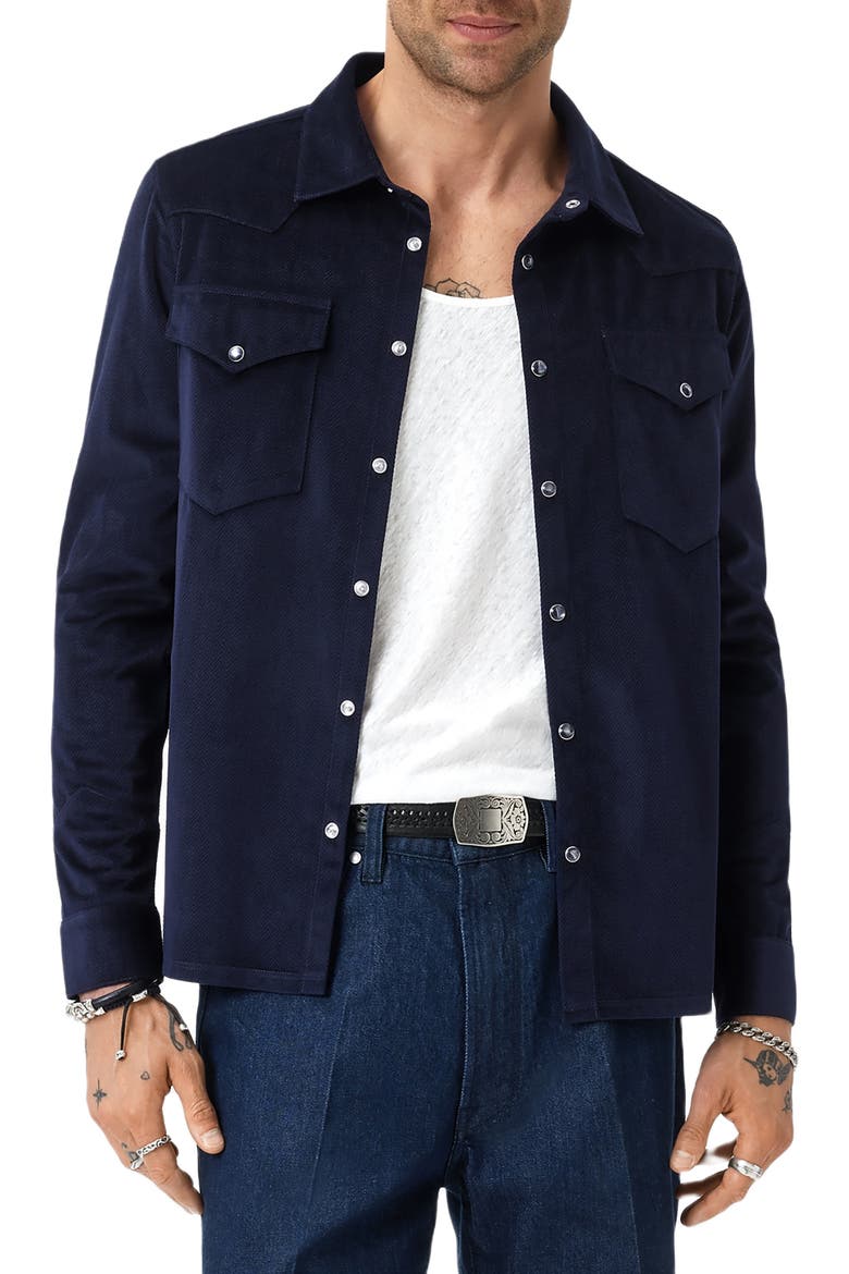 Andres Western Herringbone Faux Suede Snap-Up Shirt, Alternate, color, NAVY