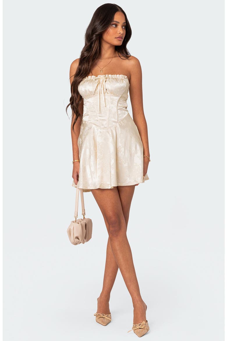 Athalia Strapless Floral Satin Jacquard Minidress, Alternate, color, CHAMPAGNE