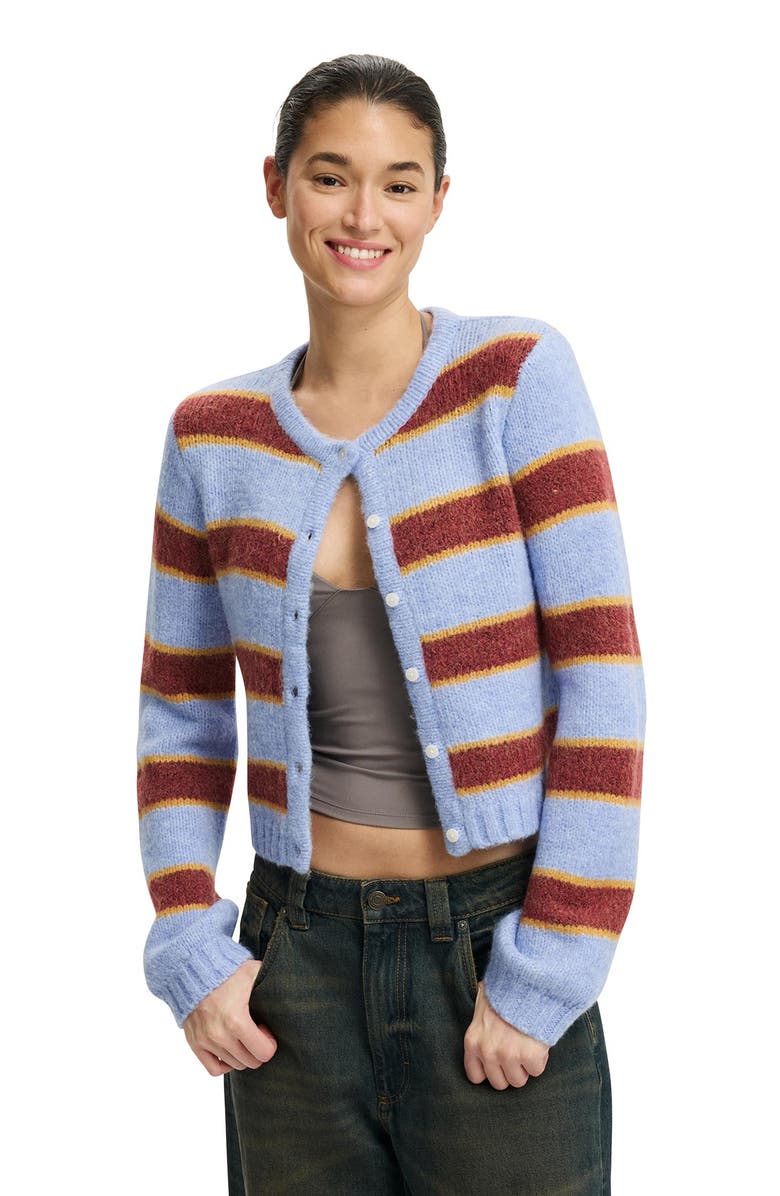 Cotton On Women's Luxe Crew Cardigan, Main, color, Dusk Blue Berry Stripe