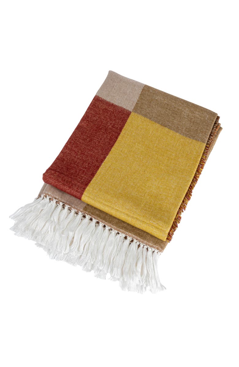 Storied Home Cotton Blend Throw Blanket with Block Print and Fringe, Main, color, Brown