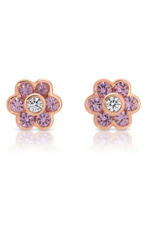 18k Rose Gold Pink Sapphire & Diamond Flower Stud Earrings