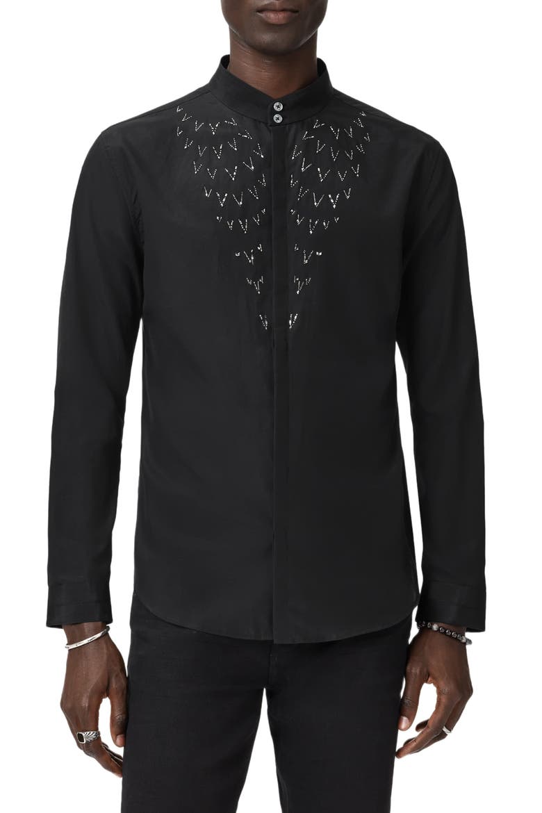 Lex Embellished Band Collar Silk & Wool Button-Up Shirt, Alternate, color, BLACK