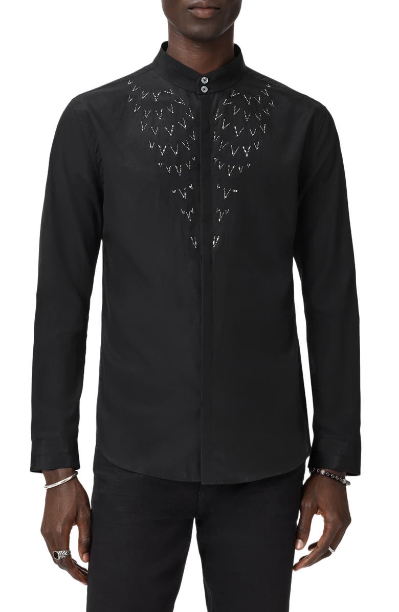 John Varvatos Lex Embellished Band Collar Silk & Wool Button-Up Shirt, Alternate, color, Black
