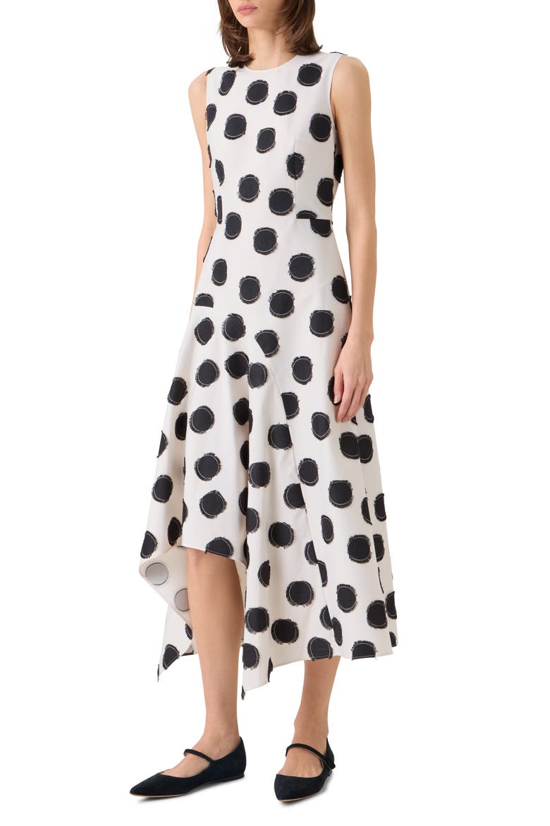 Fringed Fil Coupé Polka Dot Jacquard Asymmetric Fit & Flare Dress, Alternate, color, CREAM-BLACK