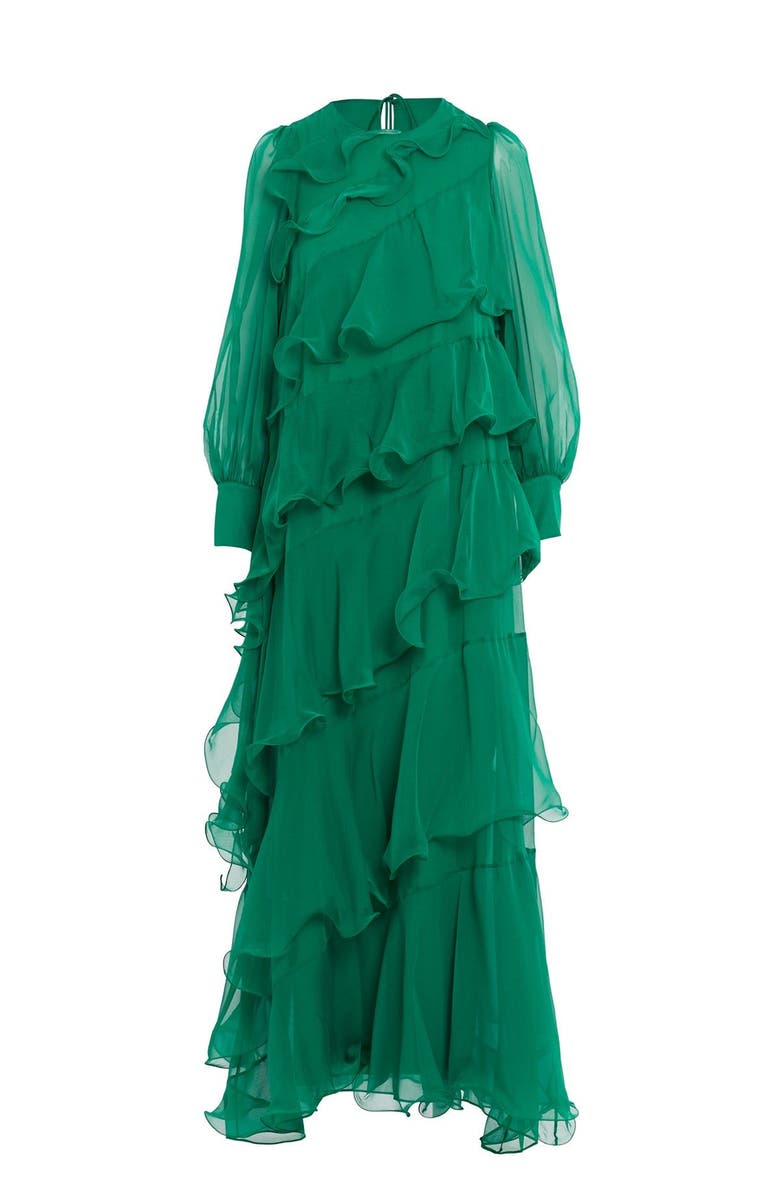 Gizia Asymmetric Ruffle Detail Long-Sleeve Lined Maxi Green Dress, Main, color, Green
