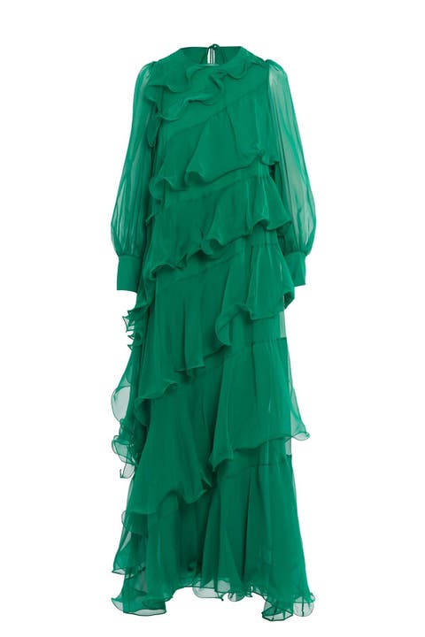Asymmetric Ruffle Detail Long-Sleeve Lined Maxi Green Dress
