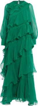 Gizia Asymmetric Ruffle Detail Long-Sleeve Lined Maxi Green Dress