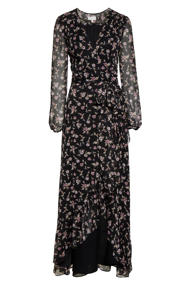 The Meryl Floral Long Sleeve Wrap Gown, Alternate, color, BLACK ALLOVER BLOSSOMS