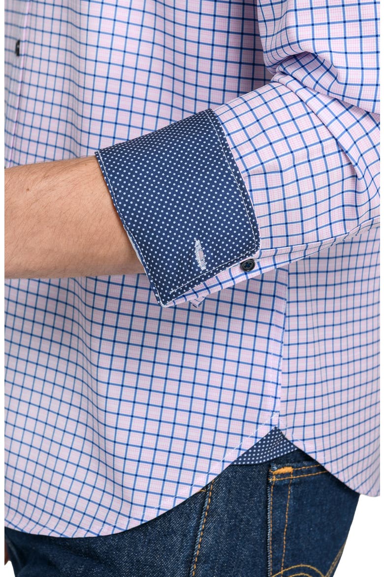 Grid Print Stretch Dress Shirt, Alternate, color, NAVY/ CORAL