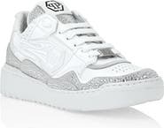 PHILIPP PLEIN Mix Leather Lo-Top Sneakers Strass Hexagon Rhinestone Women