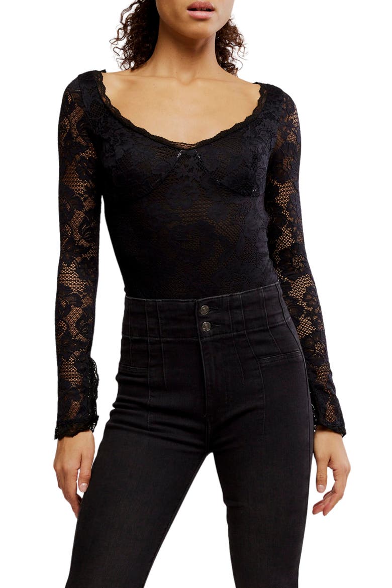 Perfectly Fine Long Sleeve Lace Bodysuit, Main, color, BLACK