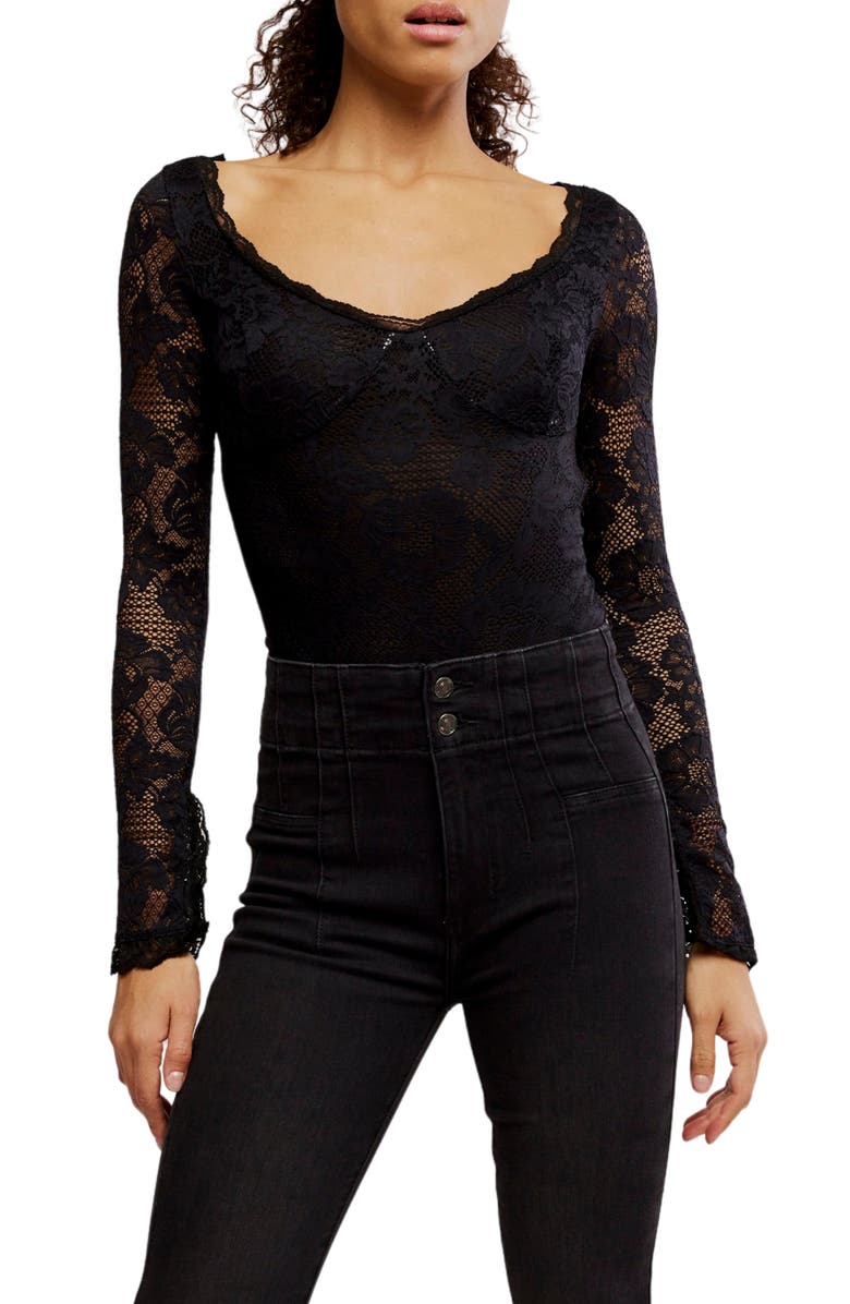 Free People Perfectly Fine Long Sleeve Lace Bodysuit, Main, color, Black