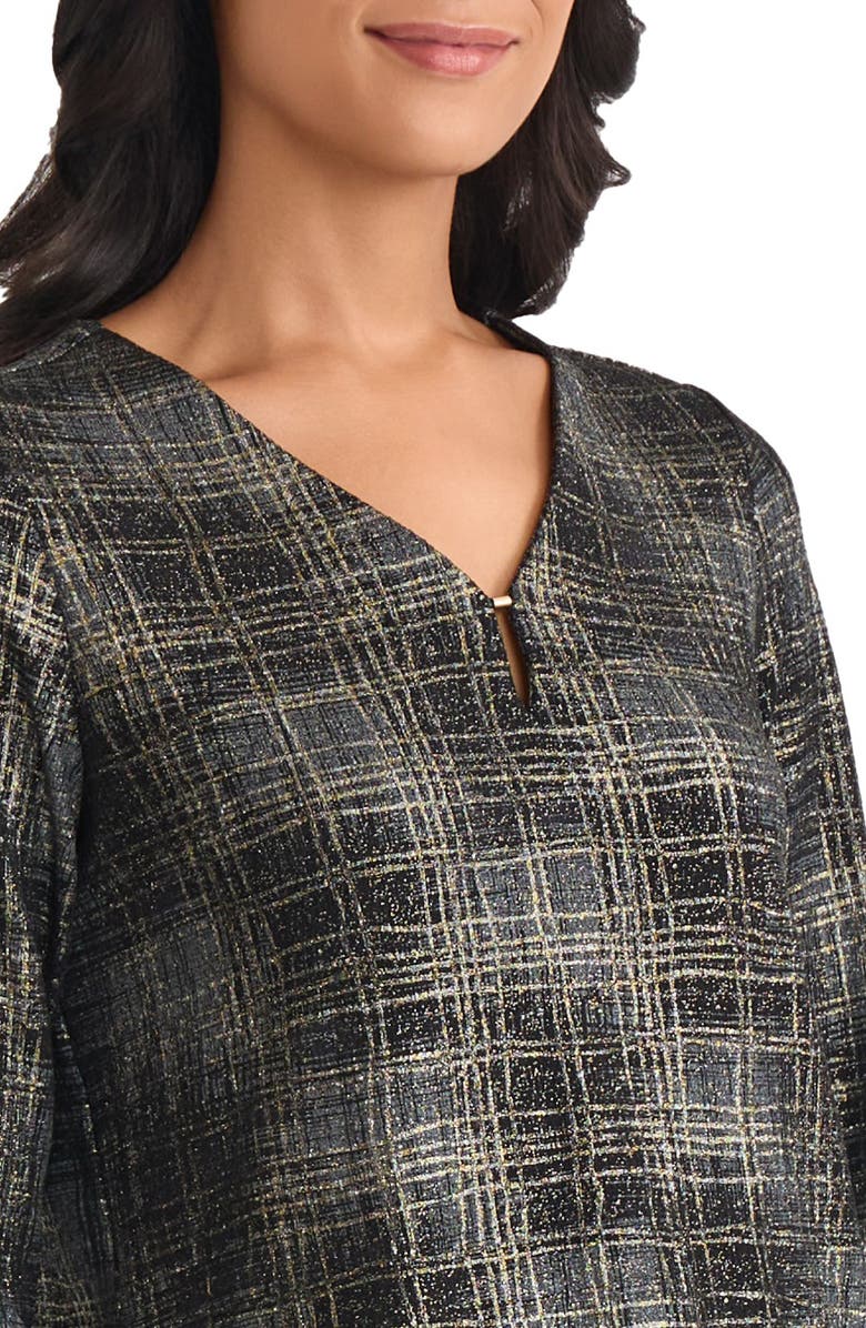 Jones New York Plaid Metallic V-Neck Top, Alternate, color, Jones Black Multi
