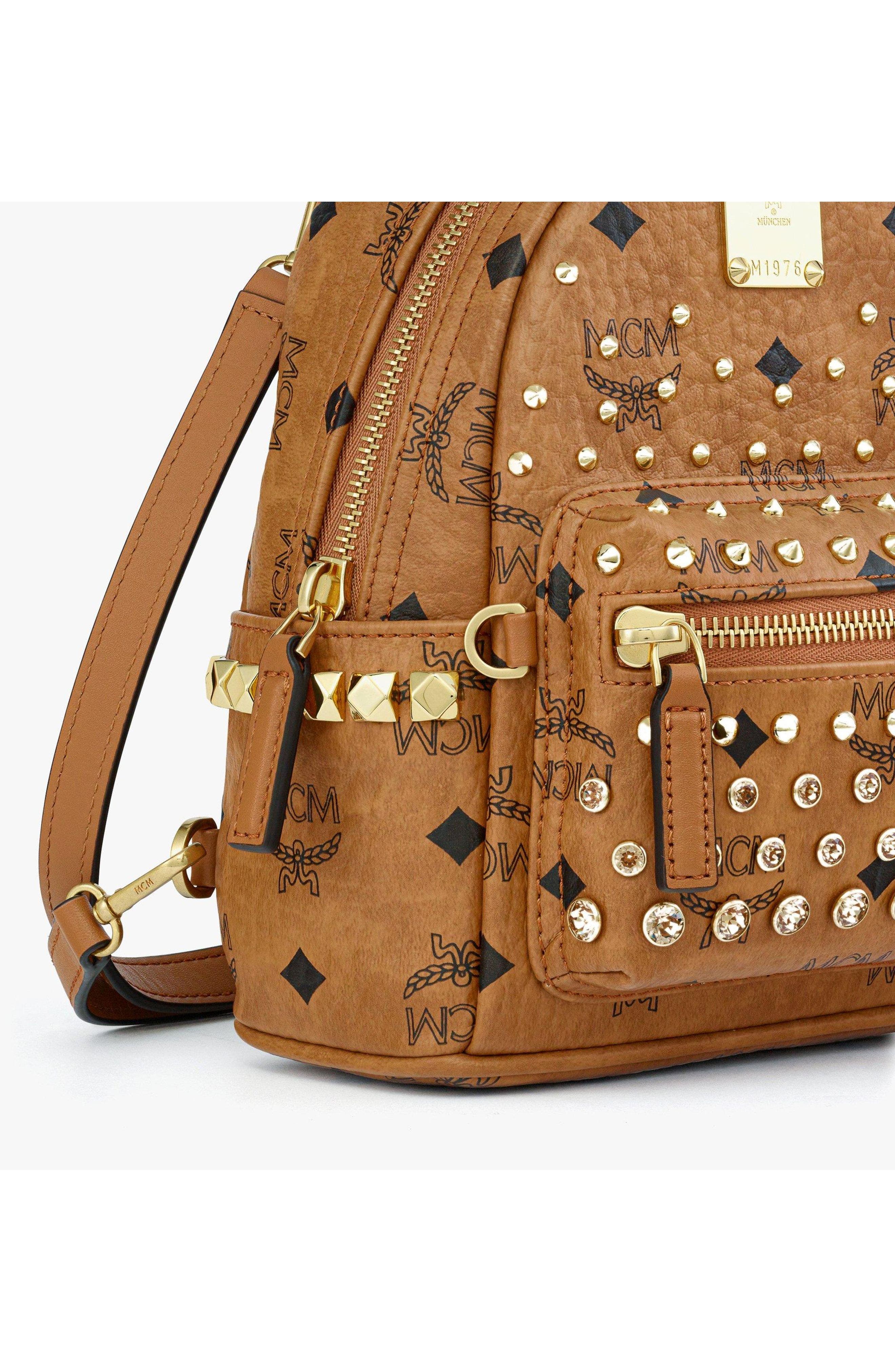 X-Mini Stark Bebe Boo Backpack in Gold Crystal Visetos, Alternate, color, Cognac
