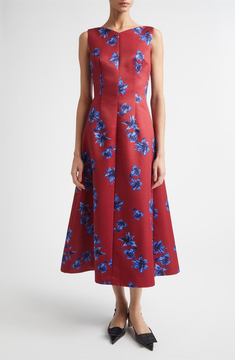 Emilia Wickstead Octavie Festive Lilies Faille Fit & Flare Midi Dress, Alternate, color, Festive Lillies - Red Blue