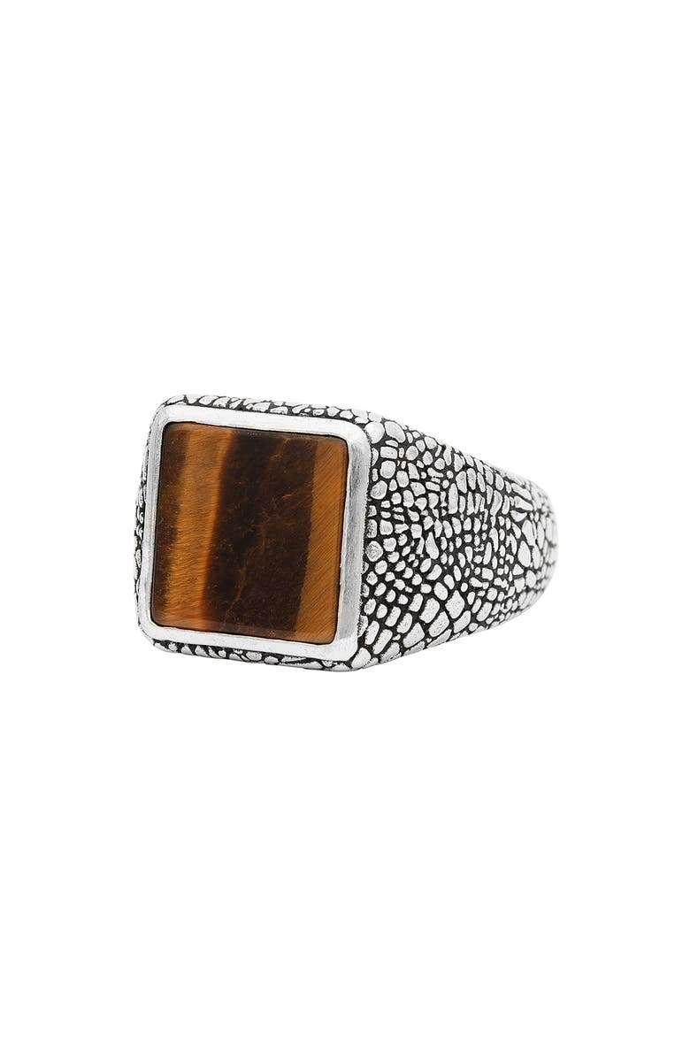 John Varvatos Men's Tiger's Eye Snakeskin Signet Ring, Main, color, Brown/ Silver