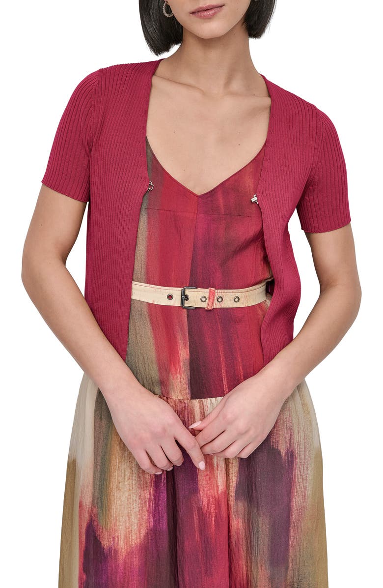 DKNY Hook & Eye Short Sleeve Rib Cardigan, Main, color, Beet