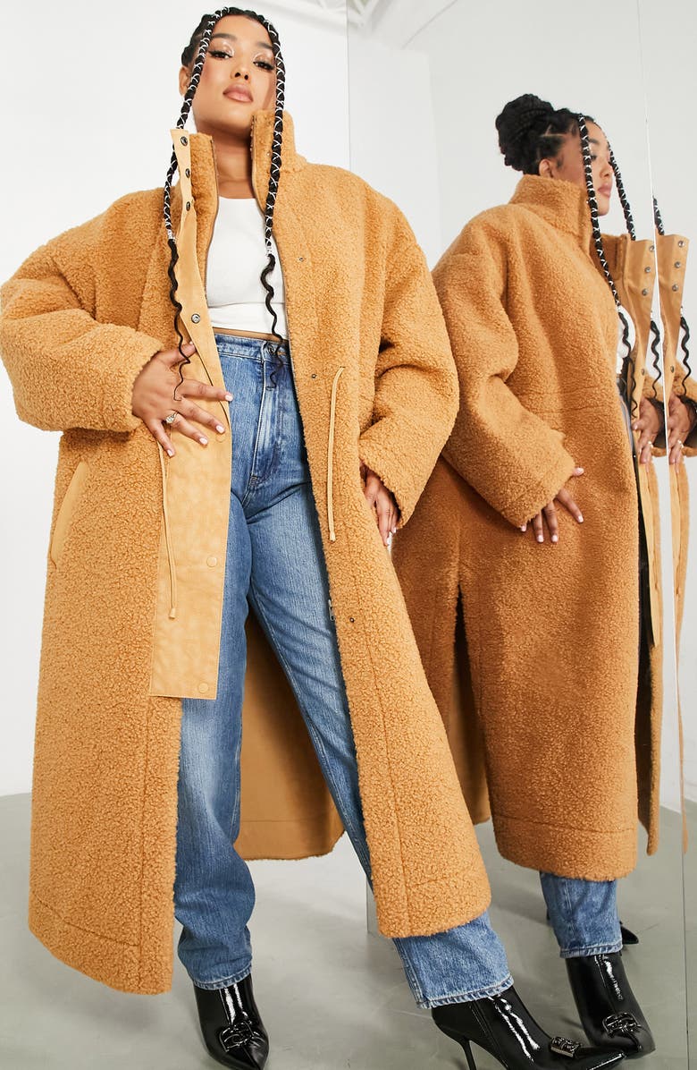 ASOS DESIGN Curve High Pile Fleece Long Coat, Main, color, 