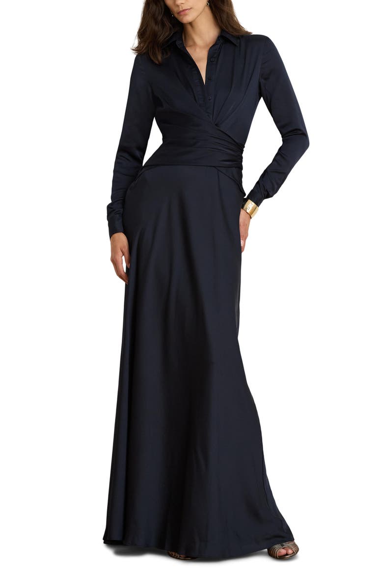 Featherweight Satin Charmeuse Shirtdress Gown, Main, color, LAUREN NAVY