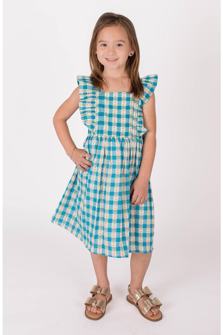 Floral Check Ruffle Cotton Dress, Main, color, BLUE