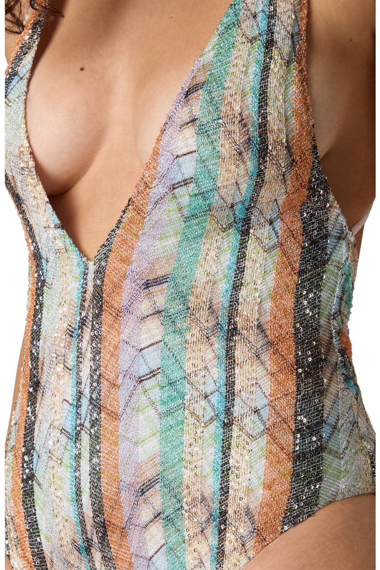 One-piece Swimsuit In Lamé Viscose Blend With Multi-workmanship And Deep V-neckline, Alternate, color, Multicoloured