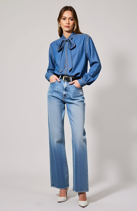 Blouse with Tie Neck and Hidden Buttons