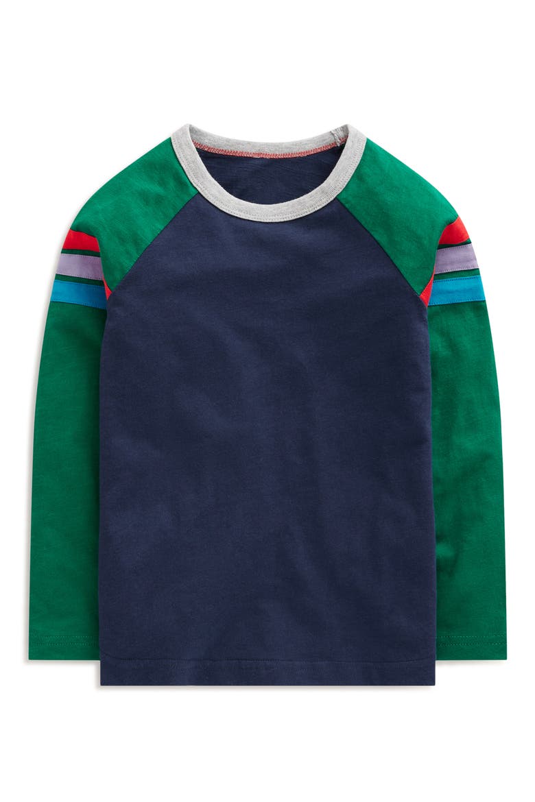 Kids' Colorblock Stripe Long Sleeve Cotton T-Shirt, Main, color, JEWEL GREEN/ NAVY