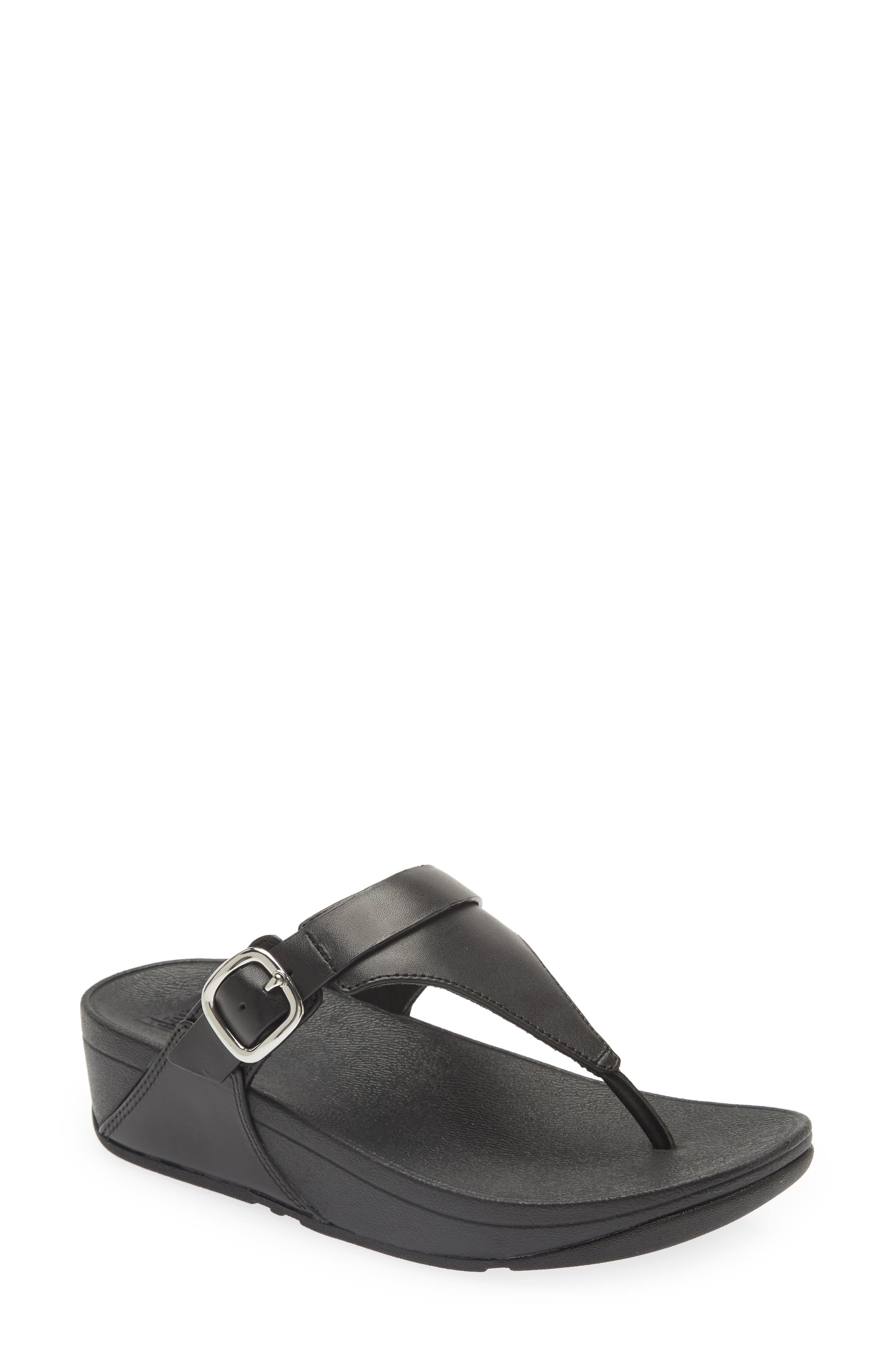 Lulu Adjustable leather toe-post sandals, Main, color, ALL BLACK