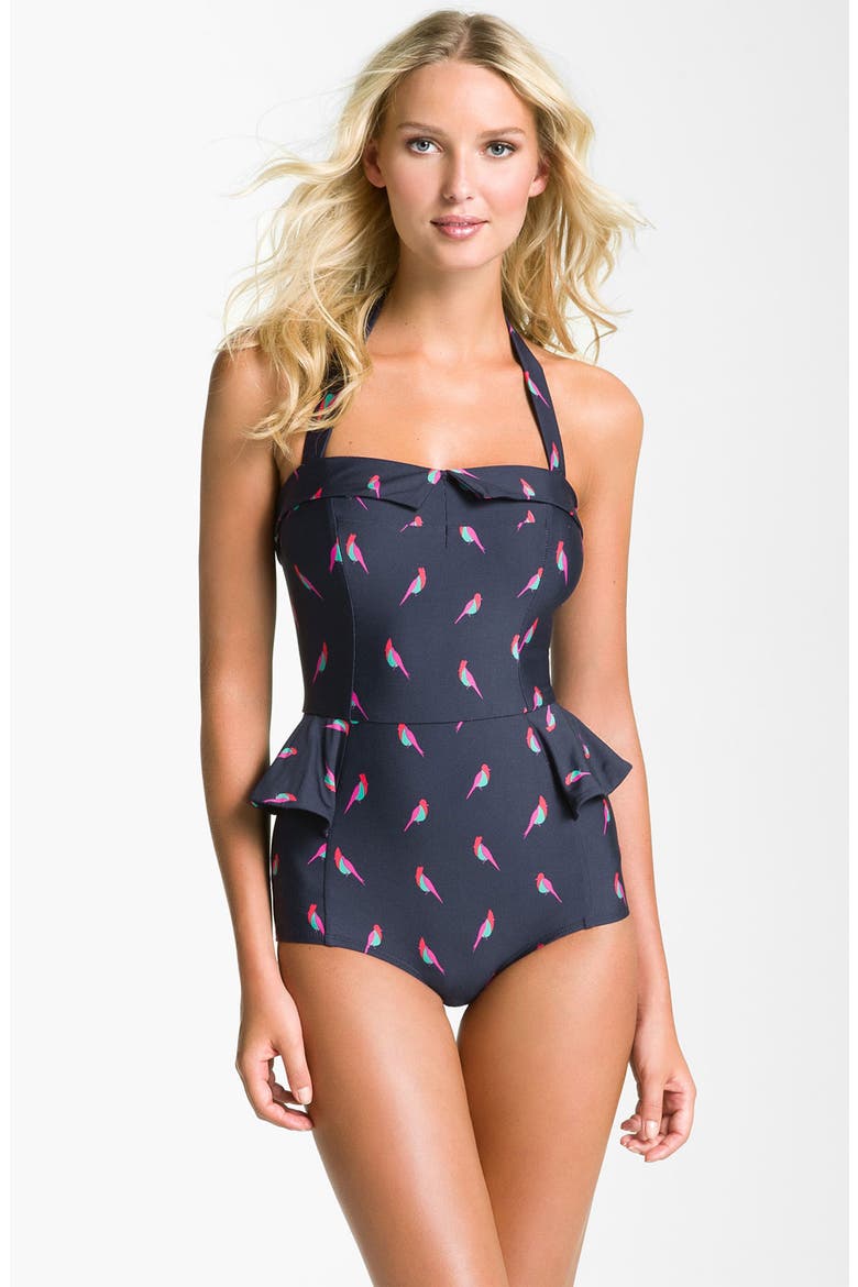 'Finch Charm' Peplum One Piece Swimsuit, Main, color, INK BIRD PRINT