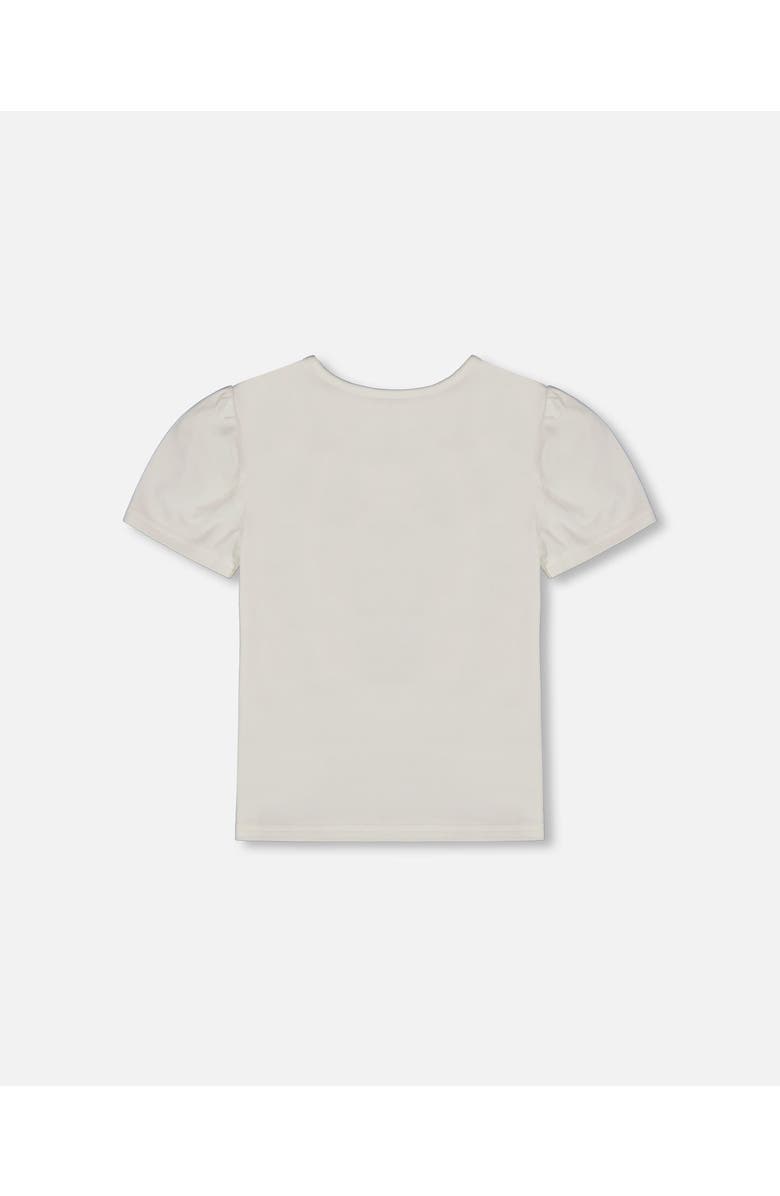 Deux par Deux Girl's Organic Cotton Tee With Puff Sleeve Pink Flower On White Background, Alternate, color,