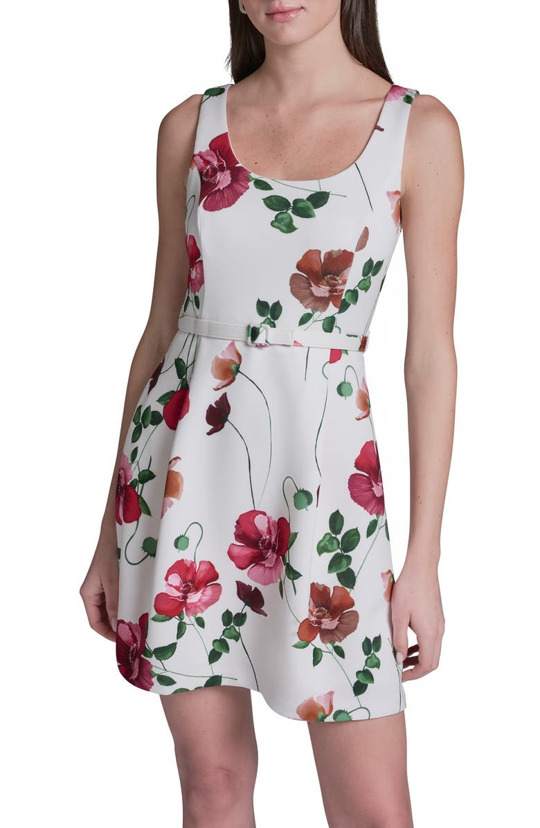 BCBG Floral Scuba Fit & Flare Minidress, Alternate, color, Ecru Multi