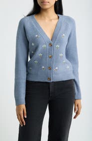Bobeau Embroidered Floral V-Neck Cardigan