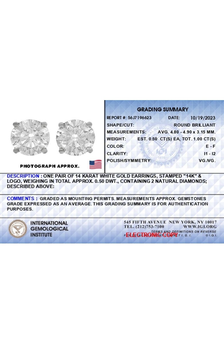 Haus of Brilliance Certified 14K White Gold 1.0 Ct Diamond Solitaire Stud Earrings, Alternate, color, White