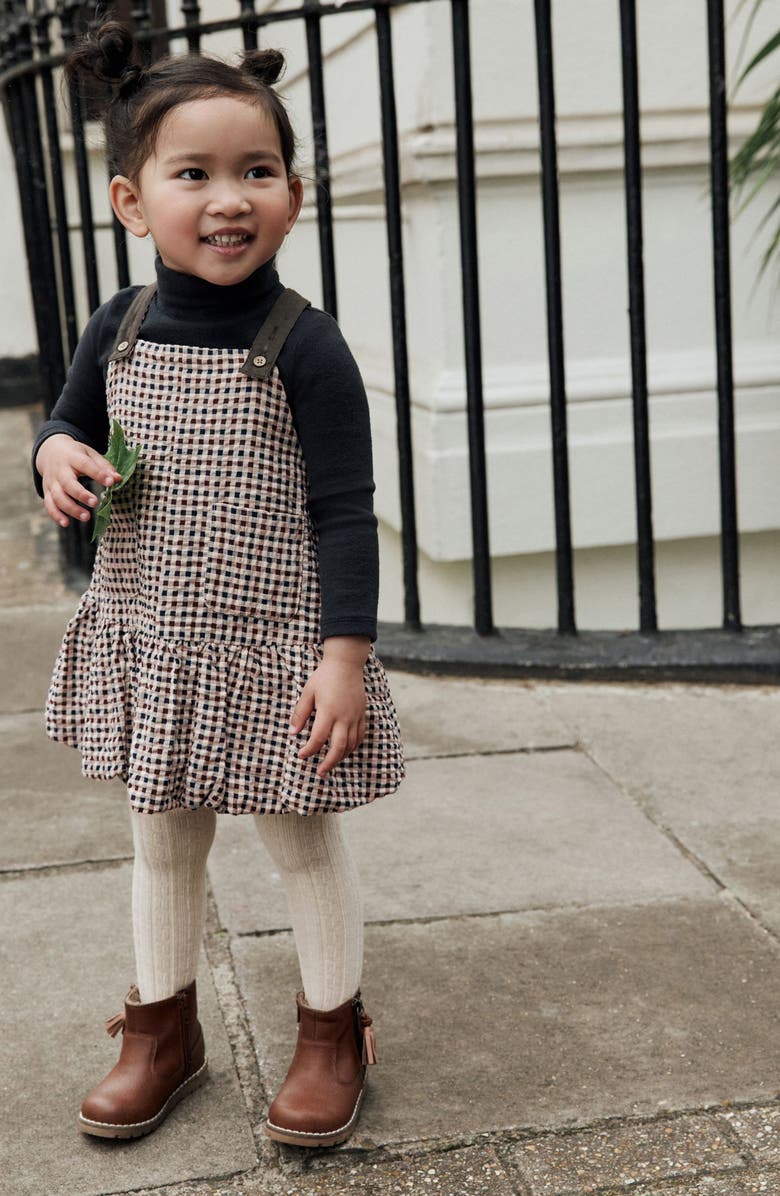 NEXT Kids' Gingham Cotton Seersucker Pinafore Dress, Alternate, color, Neutral