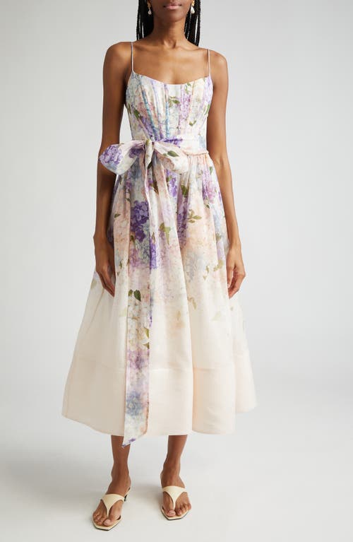 Zimmermann Dawning Belted Floral-print Linen And Silk-blend Midi Dress In Lilac Floral