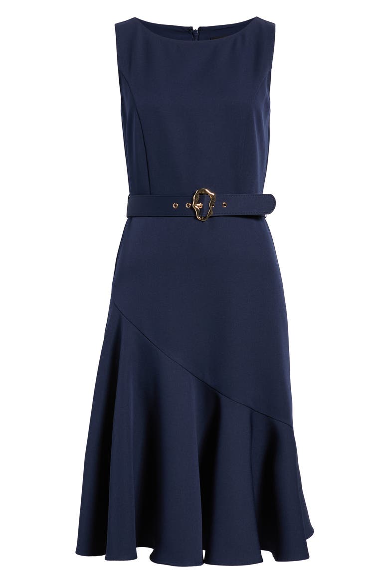 Belted Ruffle Hem Crepe Dress, Alternate, color, NAVY