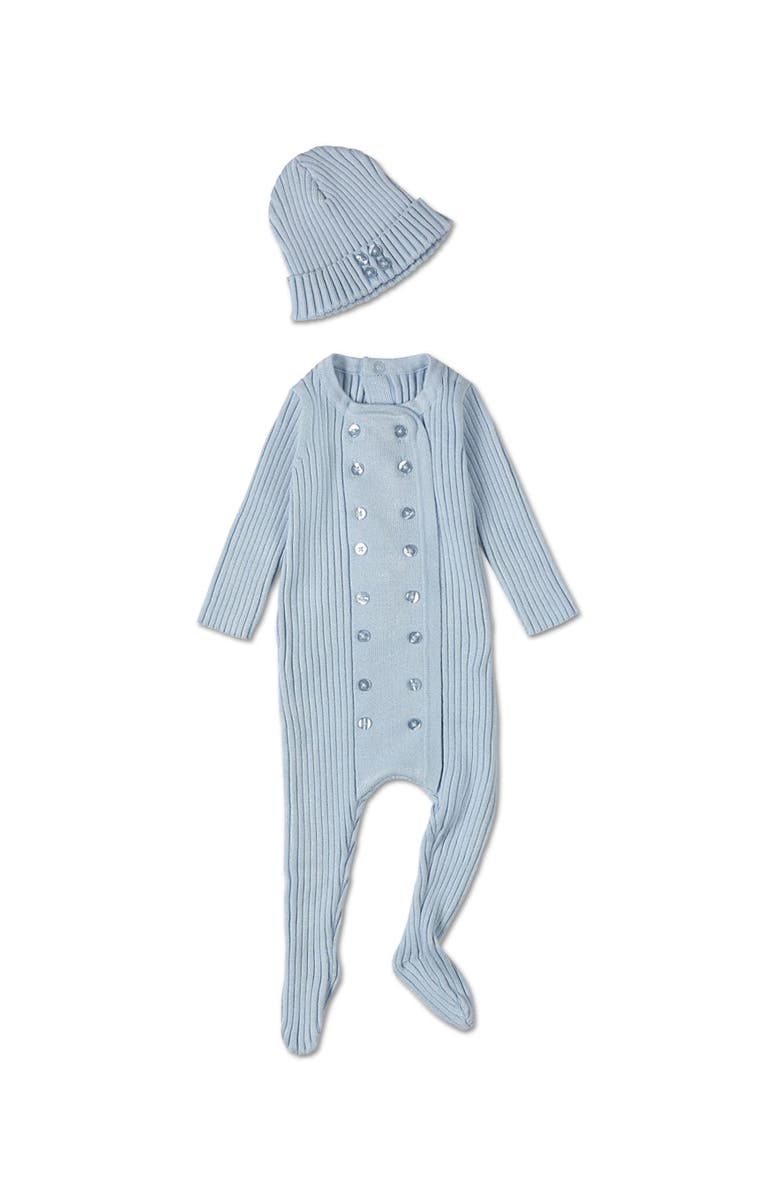 MiniMoi Double-Breasted Sweater Rib Footie Set, Main, color, Blue