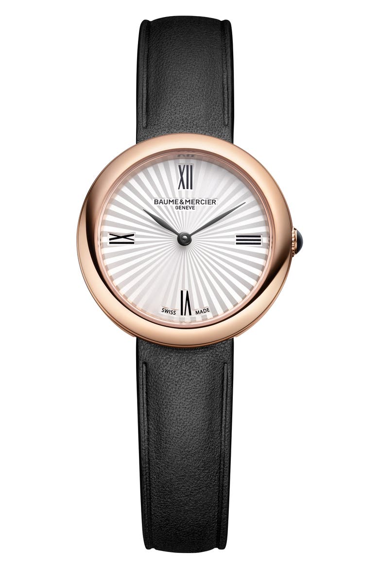 Joia de Baume & Mercier Leather Strap Watch, 28mm, Main, color, SILVER/ ROSE GOLD