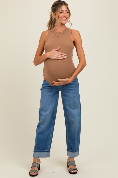 Rolled Cuffed Barrel Leg Maternity Jeans
