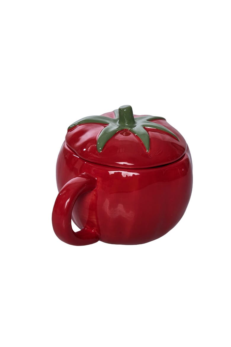 Dolomite 10 Oz Tomato Mug with Lid Red and Green for Spring Serving and Entertaining, Alternate, color, Red