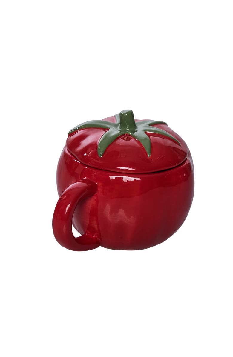 Transpac Dolomite 10 Oz Tomato Mug with Lid Red and Green for Spring Serving and Entertaining, Alternate, color, Red