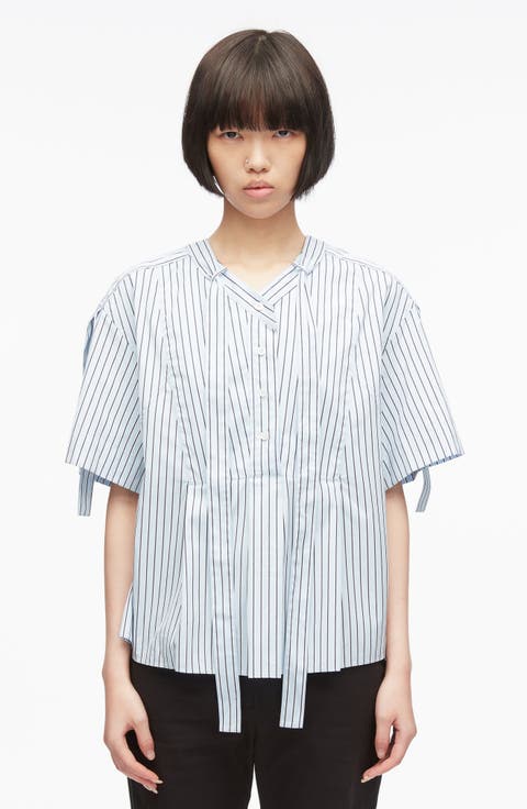 Stripe Poplin Tie Neck Blouse
