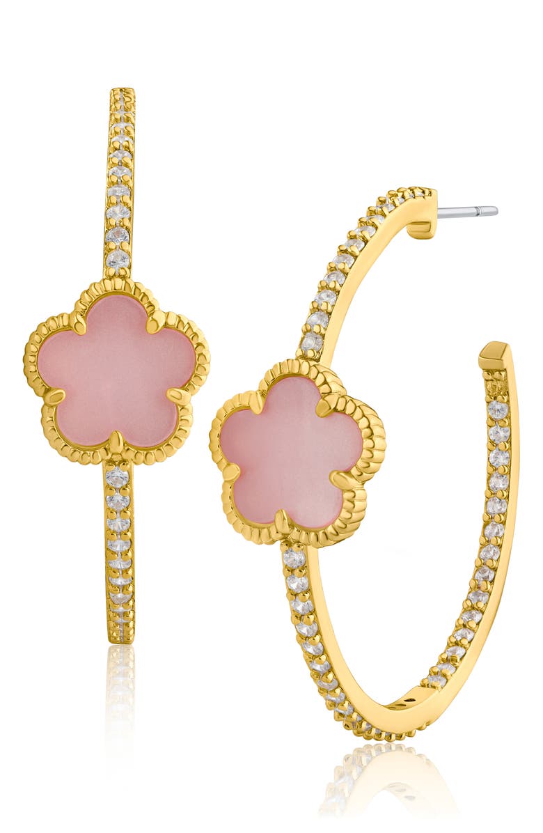CZ by Kenneth Jay Lane Clover & CZ Pavé Hoop Earrings, Main, color, Pink/ Gold
